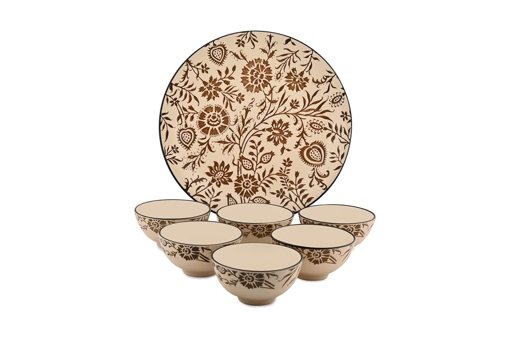 Hitkari Porcelain SULUR Grey 1 Platter with 6 Veg Bowl Set-7 Pcs |for Home & Kitchen |Material Porcelain |Snacks Set Platter with Veg Bowl Set|,Veg Bowl -180ml,Platter -12.20"(Grey)