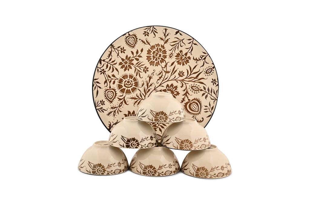 Hitkari Porcelain SULUR Grey 1 Platter with 6 Veg Bowl Set-7 Pcs |for Home & Kitchen |Material Porcelain |Snacks Set Platter with Veg Bowl Set|,Veg Bowl -180ml,Platter -12.20"(Grey)