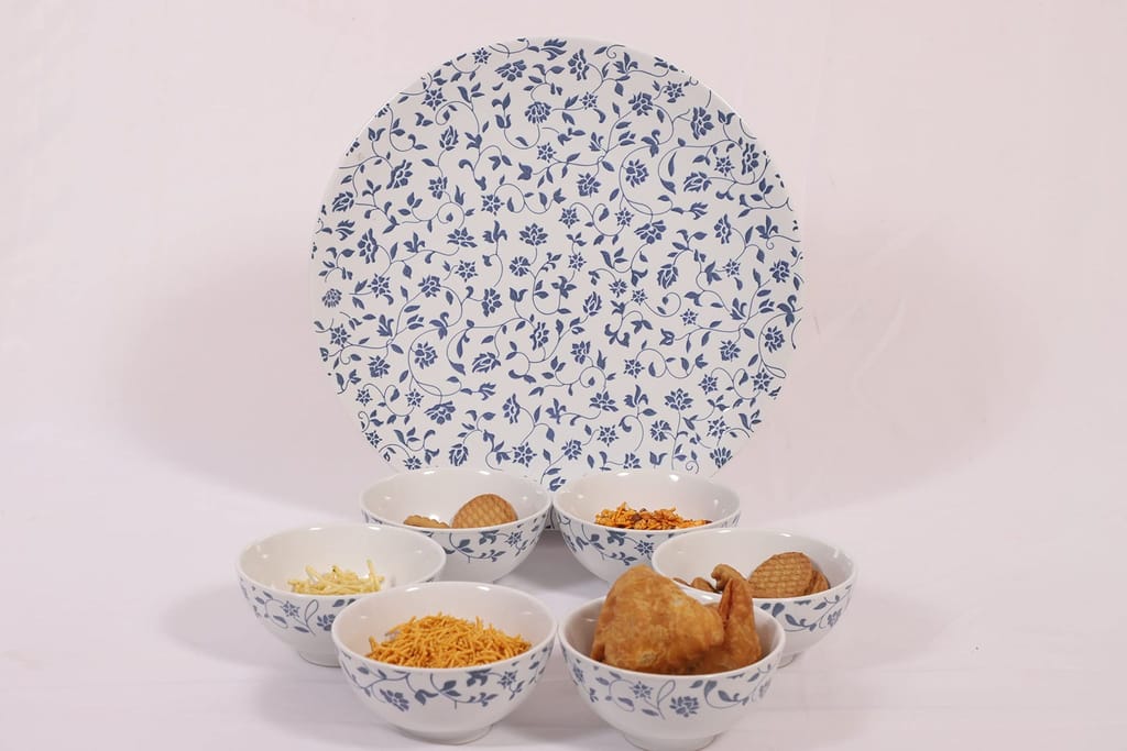 Hitkari Porcelain NOEY Blue 1 Platter with 6 Veg Bowl Set-7 Pcs | for Home & Kitchen |Material :-Porcelain |Snacks Set Platter with Veg Bowl Set |,Veg Bowl -180ml,Platter -12.20"