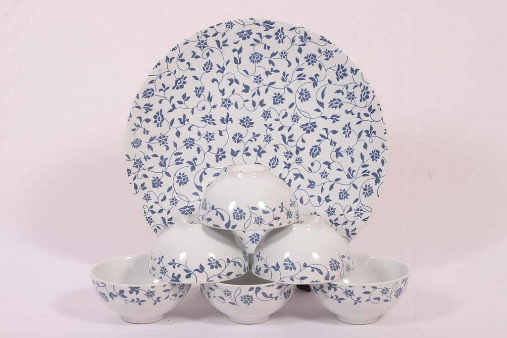 Hitkari Porcelain NOEY Blue 1 Platter with 6 Veg Bowl Set-7 Pcs | for Home & Kitchen |Material :-Porcelain |Snacks Set Platter with Veg Bowl Set |,Veg Bowl -180ml,Platter -12.20"