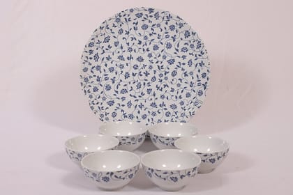 Hitkari Porcelain NOEY Blue 1 Platter with 6 Veg Bowl Set-7 Pcs | for Home & Kitchen |Material :-Porcelain |Snacks Set Platter with Veg Bowl Set |,Veg Bowl -180ml,Platter -12.20"