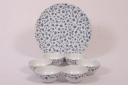 Hitkari Porcelain NOEY Blue 1 Platter with 6 Veg Bowl Set-7 Pcs | for Home & Kitchen |Material :-Porcelain |Snacks Set Platter with Veg Bowl Set |,Veg Bowl -180ml,Platter -12.20"