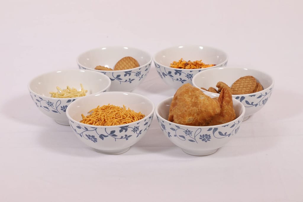 Hitkari Porcelain NOEY Blue 1 Platter with 6 Veg Bowl Set-7 Pcs | for Home & Kitchen |Material :-Porcelain |Snacks Set Platter with Veg Bowl Set |,Veg Bowl -180ml,Platter -12.20"