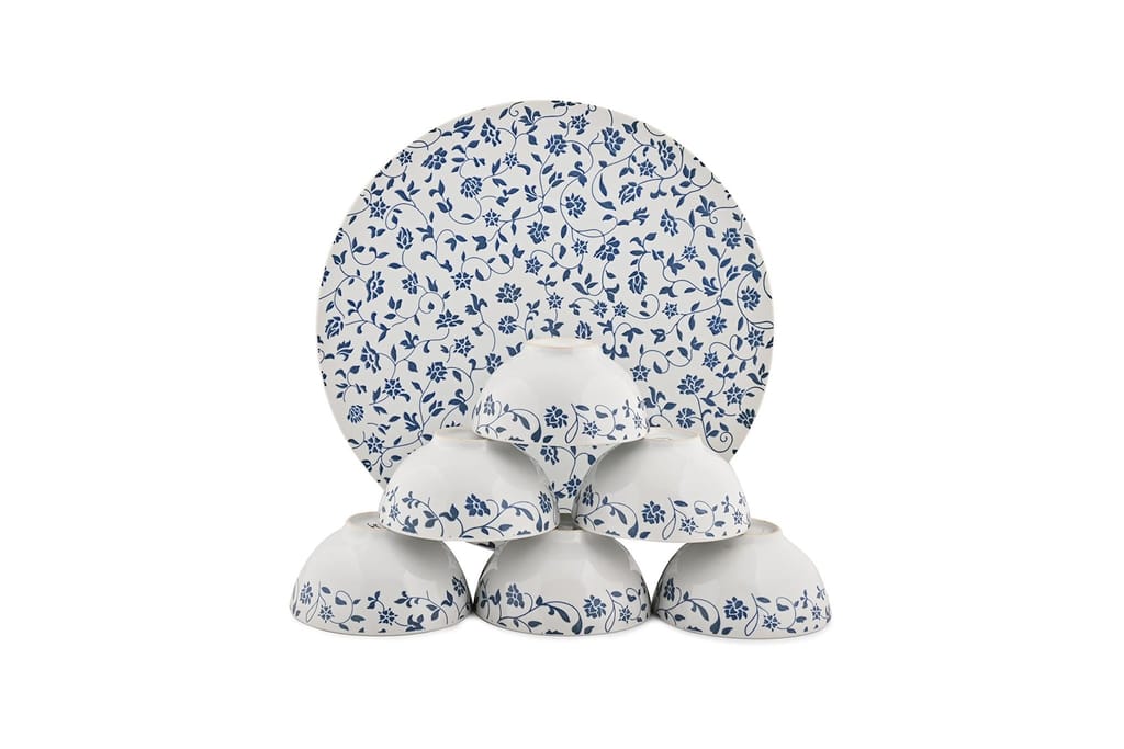 Hitkari Porcelain NOEY Blue 1 Platter with 6 Veg Bowl Set-7 Pcs |for Home & Kitchen |Material Porcelain |Snacks Set Platter with Veg Bowl Set|,Veg Bowl -180ml,Platter -12.20"(Grey)