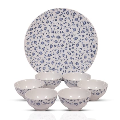 Hitkari Porcelain NOEY Blue 1 Platter with 6 Veg Bowl Set-7 Pcs |for Home & Kitchen |Material Porcelain |Snacks Set Platter with Veg Bowl Set|,Veg Bowl -180ml,Platter -12.20"(Grey)