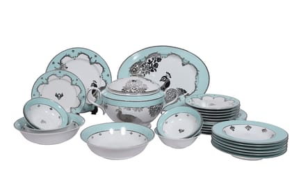 Hitkari Porcelain Jahanara Dinner Set of 33Pcs. | Luxury Dinner Set for 6 | Material: Porcelain | Non-Toxic | an Ideal Gift Option | Resistant to Crack | Pure Platinum, Green�