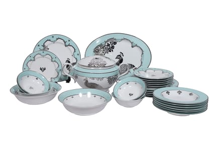 Hitkari Porcelain Jahanara Dinner Set of 29Pcs. | Luxury Dinner Set for 6 | Material: Porcelain | Non-Toxic | an Ideal Gift Option | Resistant to Crack | Pure Platinum, Green