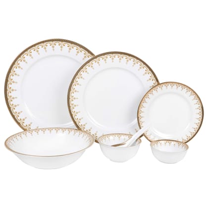 Hitkari Porcelain D253 Dinner Set 33 Pcs.|Dinner Set for 6|Material: Porcelain|Luxury Dinnerware with Pure Gold Lining |for Home & Kitchen|White, Large