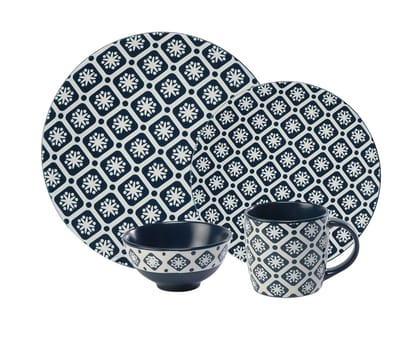 Hitkari Porcelain Cinnaflower Indigo Dinner Set 16 Pcs. |Modern & Trendy Design |Designed in India|for Home & Kitchen|Blue | Dishwasher Safe & Microweb Safe