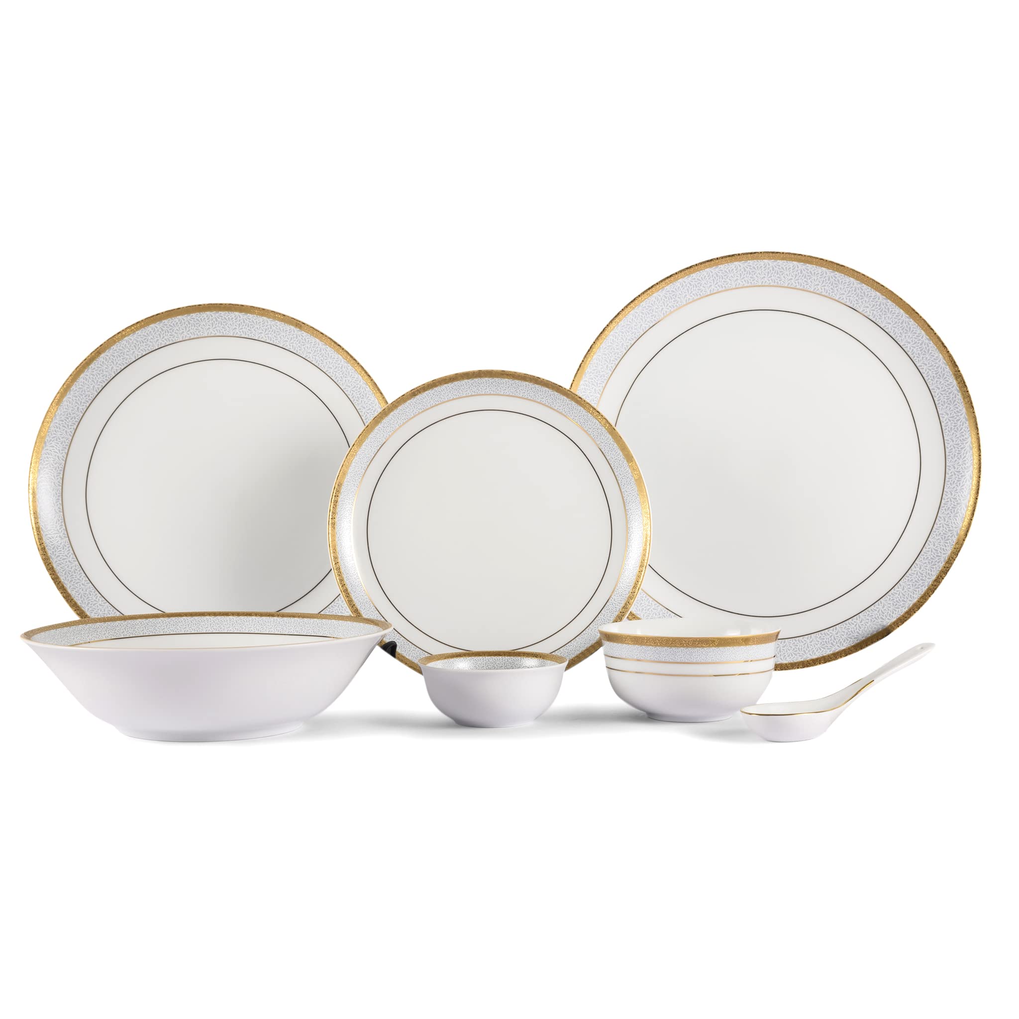 Hitkari Porcelain Golden Glory Dinner Set 33 Pcs.|Modern & Trendy Design |Designed in India|for Home & Kitchen|Pure Gold | White, Large�