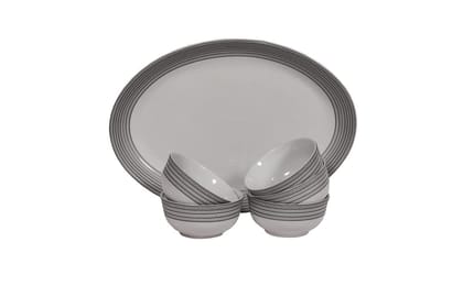 Hitkari Porcelain Windsor Platter with Veg Bowl Set-7 Pcs.|for Home & Kitchen |Service for 6|Material :-Porcelain|Snacks Set Platter with Veg Bowl Set|White,Veg Bowl -180ml,Platter -12.20"