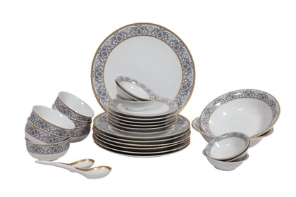 Hitkari Porcelain Verona Light Dinner Set 39 Pcs.|Dinner Set for 6|Material: Porcelain|Luxury Dinnerware with Pure Gold Lining |for Home & Kitchen|White, Large