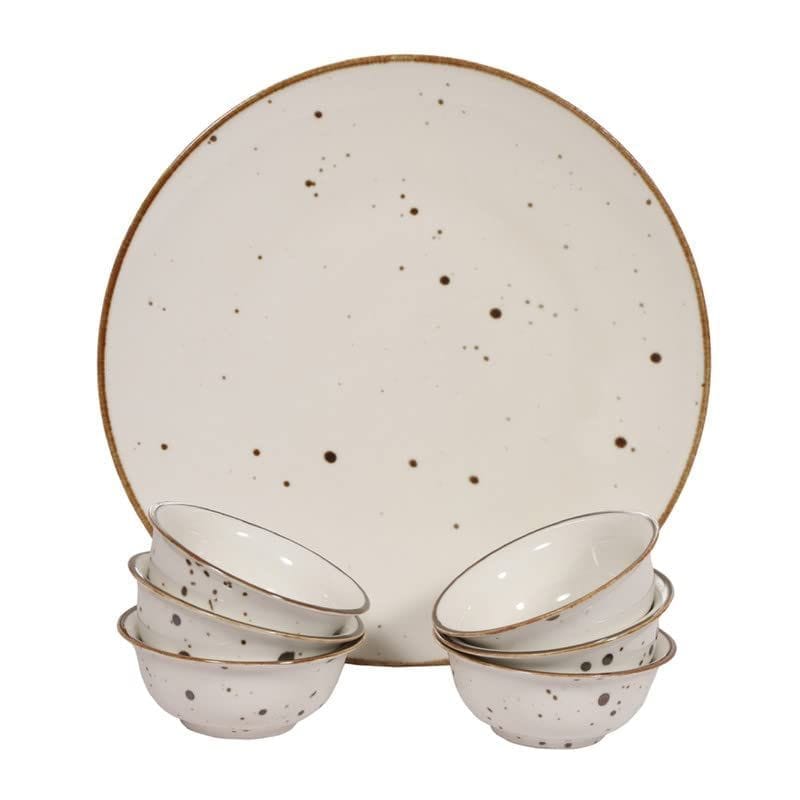 Hitkari Porcelain Cottage Ivory Platter with Veg Bowl Set-7 Pcs.|for Home & Kitchen |Service for 6|Material :-Porcelain|Snacks Set Platter with Veg Bowl Set|Ivory,Veg Bowl -180ml,Platter -12.20"