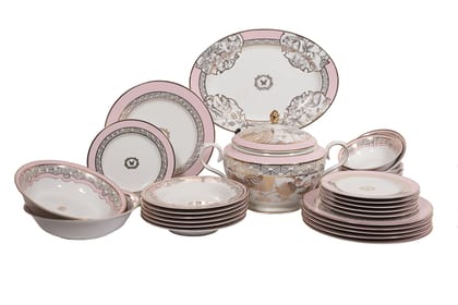 Hitkari Porcelain Mimosa Dinner Set of 29Pcs. | Dinner Set for 6 | Material: Porcelain | Premium Mimosa Design |Pure Gold, Pink