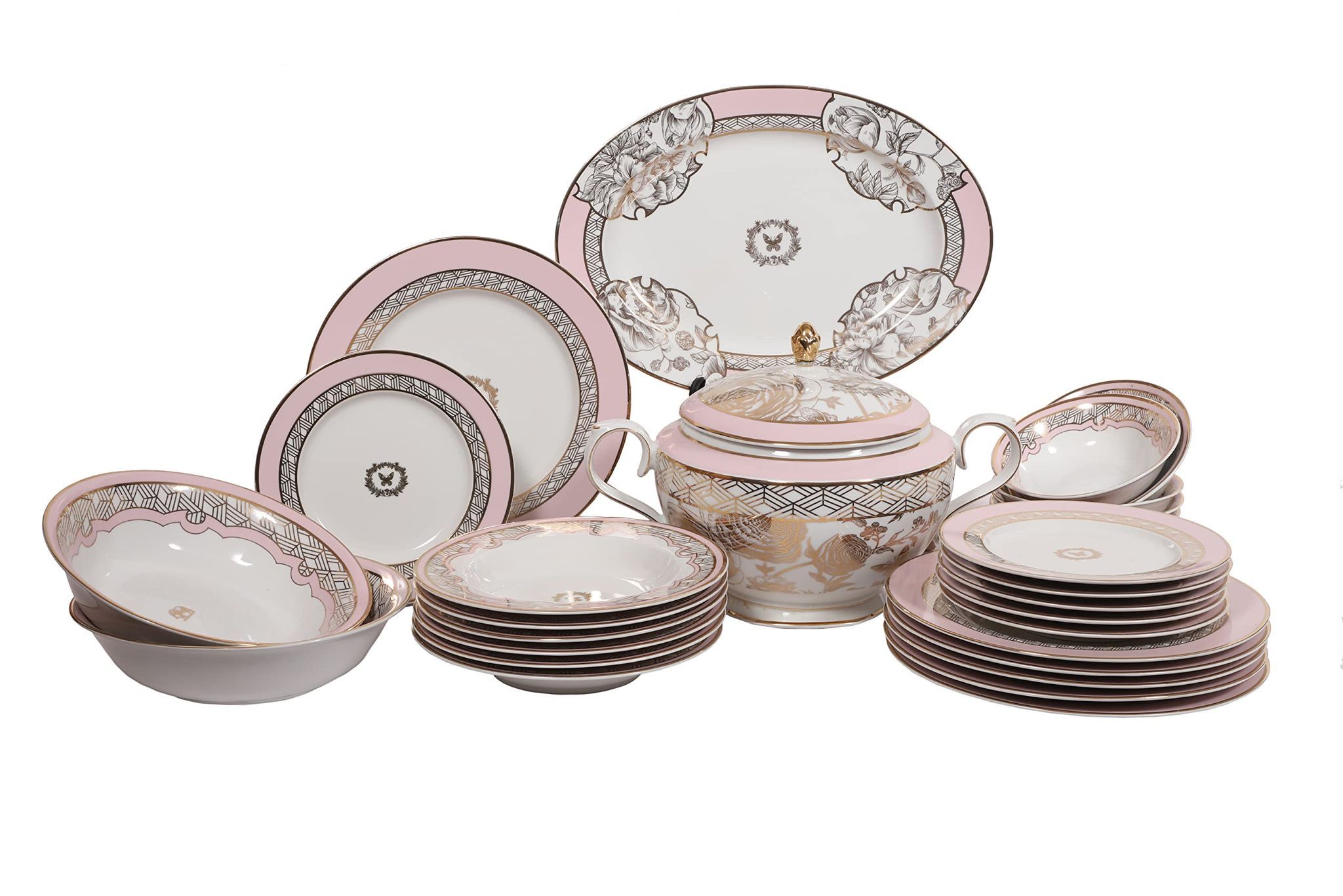 Hitkari Porcelain Mimosa Dinner Set of 29Pcs. | Dinner Set for 6 | Material: Porcelain | Premium Mimosa Design |Pure Gold, Pink