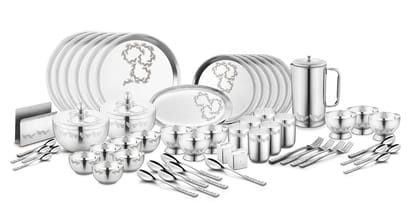 FnS Motif 60pcs Stainless Steel Dinner Set (Quarter Plate, Full Plate, Glass, Serving Bowl, Desert Bowl, Glasses, Spoon & Rice Tray)