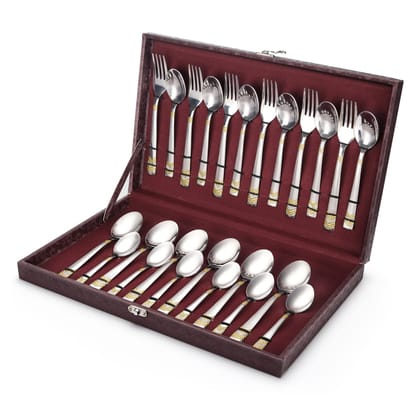 FnS RAGA 24 Karat Gold Plated 24 Pcs Cutlery Set (6 Pc Dinner Spoons, 6 Pc Dinner Fork, 6 Pc Tea Spoons & 6 Baby Spoons) with Leatherite Box