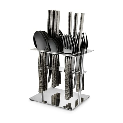 FnS Phoenix Black 25 Pc Cutlery Set with Hanging Stand (6 Dinner Spoon, 6 Dinner Fork, 6 Dinner Knife/Butter Knife, 6 Teaspoon and 1 Cutlery Stand) FnS Phoenix Black 25 Pc Cutlery Set with Hanging Stand (6 Dinner Spoon, 6 Dinner Fork, 6 Dinner Knife/Butter Knife, 6 Teaspoon and 1 Cutlery Stand)