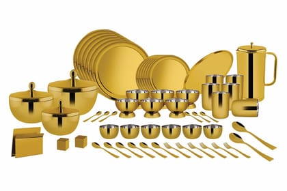 FnS Royal 78pcs Stainless Steel Gold Dinner Set (Quarter Plate, Full Plate, Glass, Serving Bowl, Desert Bowl, Glasses, Spoon, Rice Tray, Dinner Fork, Salt N Pepper)