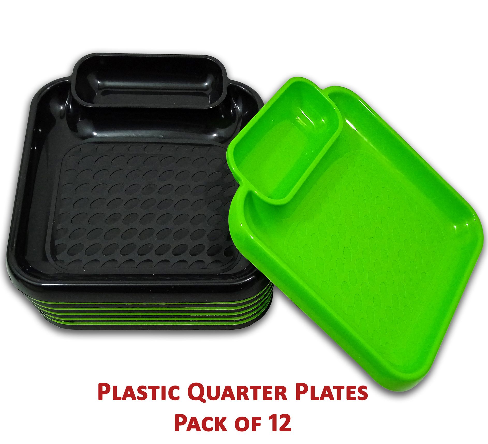 Inpro Stylish Plastic Plates in 6 Green & 6 Black Color for Serving Snacks / Kitchen crockery / pasta plate / Half plate-Plastic Snacks plates