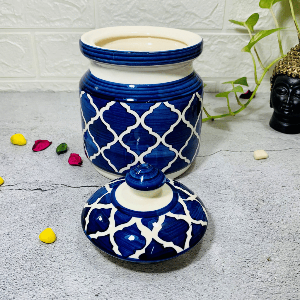 Homefrills Multi-Utility Storage Ceramic Jar & Container with Lid/Achar Barni for Storage of Achar/Snacks /Pickle/cookies etc. (1 jars with Lid )Colour-Blue Capacity-1000 ml/1 KG(approx)