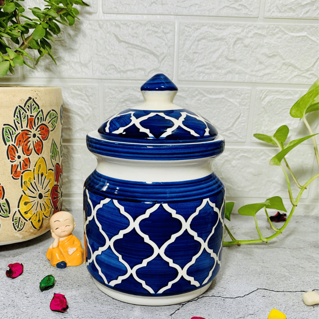 Homefrills Multi-Utility Storage Ceramic Jar & Container with Lid/Achar Barni for Storage of Achar/Snacks /Pickle/cookies etc. (1 jars with Lid )Colour-Blue Capacity-1000 ml/1 KG(approx)