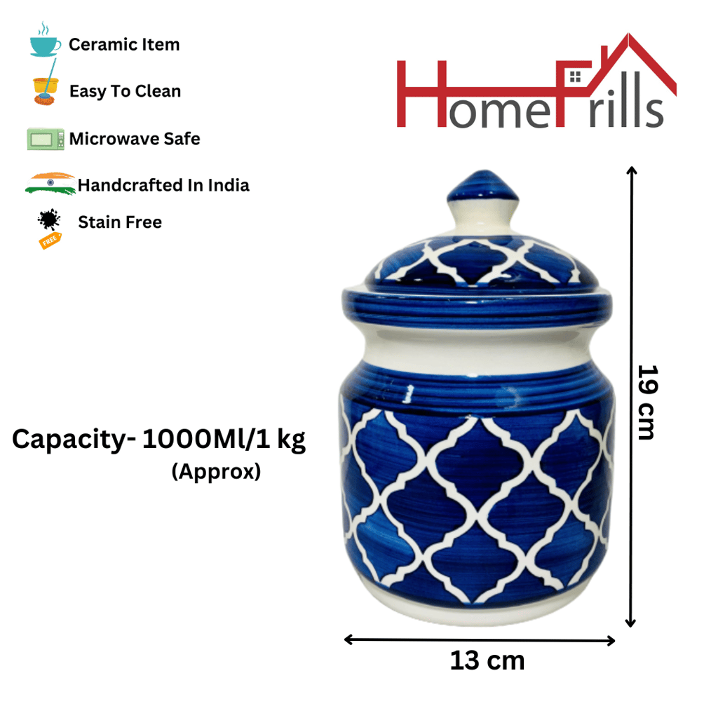 Homefrills Multi-Utility Storage Ceramic Jar & Container with Lid/Achar Barni for Storage of Achar/Snacks /Pickle/cookies etc. (1 jars with Lid )Colour-Blue Capacity-1000 ml/1 KG(approx)