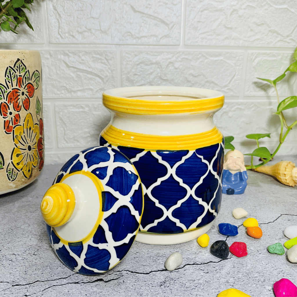 Homefrills Multi-Utility Storage Ceramic Jar & Container with Lid/Achar Barni for Storage of Achar/Snacks /Pickle/cookies etc. (1 jars with Lid )Colour-Blue & Yellow Capacity-1000 ml/1 KG(approx)