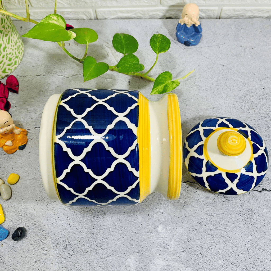 Homefrills Multi-Utility Storage Ceramic Jar & Container with Lid/Achar Barni for Storage of Achar/Snacks /Pickle/cookies etc. (1 jars with Lid )Colour-Blue & Yellow Capacity-1000 ml/1 KG(approx)