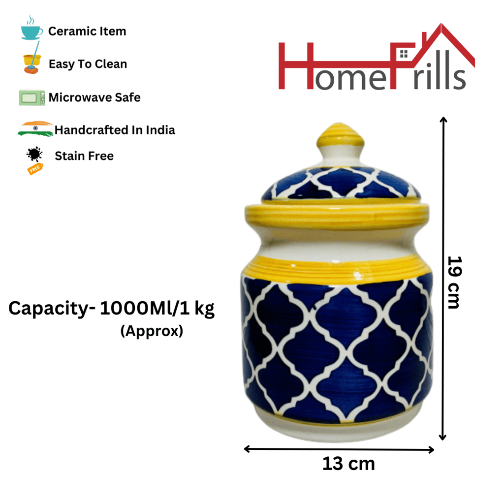 Homefrills Multi-Utility Storage Ceramic Jar & Container with Lid/Achar Barni for Storage of Achar/Snacks /Pickle/cookies etc. (1 jars with Lid )Colour-Blue & Yellow Capacity-1000 ml/1 KG(approx)