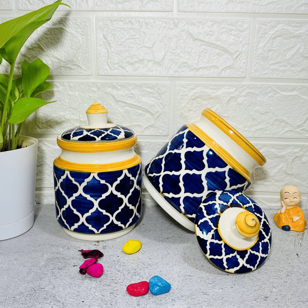 Homefrills Multi-Utility Storage Ceramic Jars & Containers with Lid/Achar Barni for Storage of Achar/Snacks /Pickle/cookies etc. (2 jars with Lid )Colour-Mustard Blue Capacity-500 ml/500 Gram each (approx)