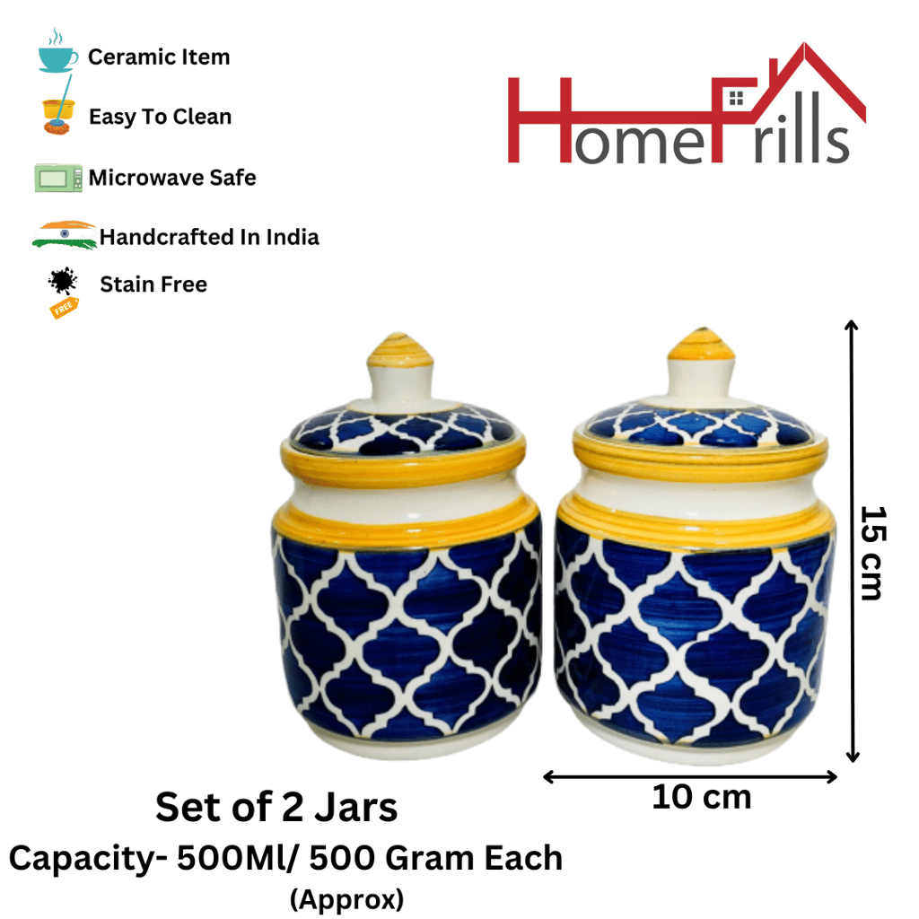Homefrills Multi-Utility Storage Ceramic Jars & Containers with Lid/Achar Barni for Storage of Achar/Snacks /Pickle/cookies etc. (2 jars with Lid )Colour-Mustard Blue Capacity-500 ml/500 Gram each (approx)