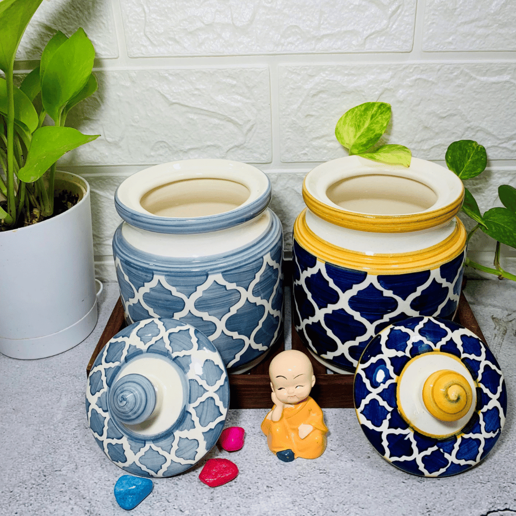 Homefrills Multi-Utility Storage Ceramic Jars & Containers with Lid/Achar Barni for Storage of Achar/Snacks /Pickle/cookies etc. (2 jars with Lid )Colour-Grey & Mustard Blue Capacity-500 ml/500 Gram each (approx)