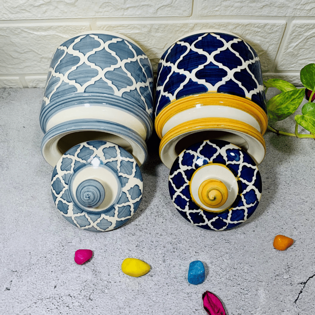 Homefrills Multi-Utility Storage Ceramic Jars & Containers with Lid/Achar Barni for Storage of Achar/Snacks /Pickle/cookies etc. (2 jars with Lid )Colour-Grey & Mustard Blue Capacity-500 ml/500 Gram each (approx)