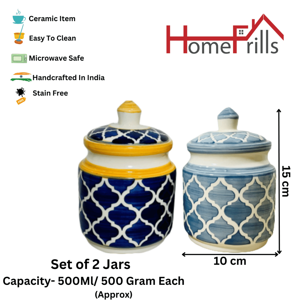 Homefrills Multi-Utility Storage Ceramic Jars & Containers with Lid/Achar Barni for Storage of Achar/Snacks /Pickle/cookies etc. (2 jars with Lid )Colour-Grey & Mustard Blue Capacity-500 ml/500 Gram each (approx)