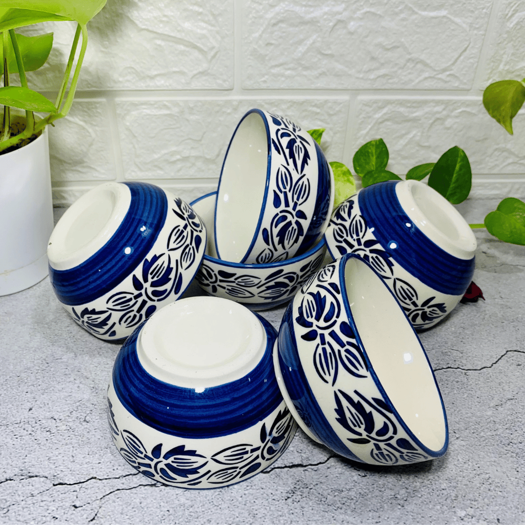 Homefrills Blue Petal Design ceramic Bowl Set 6 pcs for Serving Dessert, Dip Sauce, Salad Dressing, Chutney, Halwa, Pickle/Achar etc.Microwave & Dishwasher Safe.Aprox 150 Ml Each