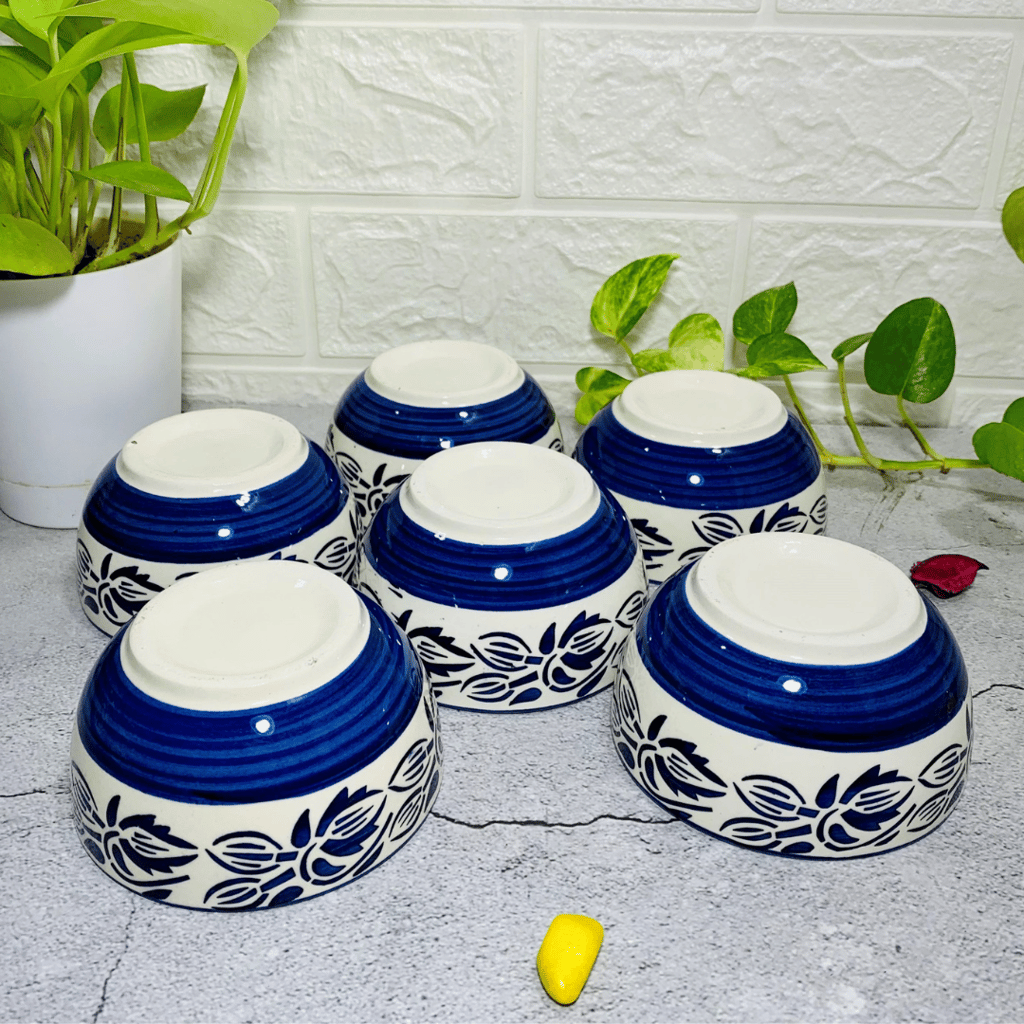 Homefrills Blue Petal Design ceramic Bowl Set 6 pcs for Serving Dessert, Dip Sauce, Salad Dressing, Chutney, Halwa, Pickle/Achar etc.Microwave & Dishwasher Safe.Aprox 150 Ml Each