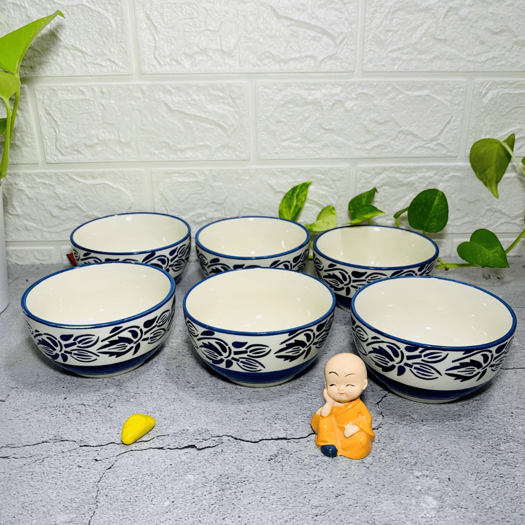 Homefrills Blue Petal Design ceramic Bowl Set 6 pcs for Serving Dessert, Dip Sauce, Salad Dressing, Chutney, Halwa, Pickle/Achar etc.Microwave & Dishwasher Safe.Aprox 150 Ml Each