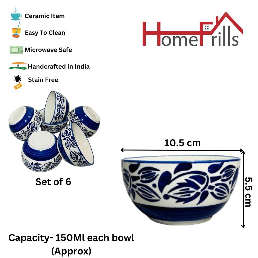 Homefrills Blue Petal Design ceramic Bowl Set 6 pcs for Serving Dessert, Dip Sauce, Salad Dressing, Chutney, Halwa, Pickle/Achar etc.Microwave & Dishwasher Safe.Aprox 150 Ml Each