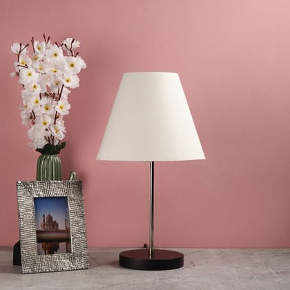 BTR CRAFTS Silver Rod With Black Wooden Base Table Lamp (Conical White Lampshade)