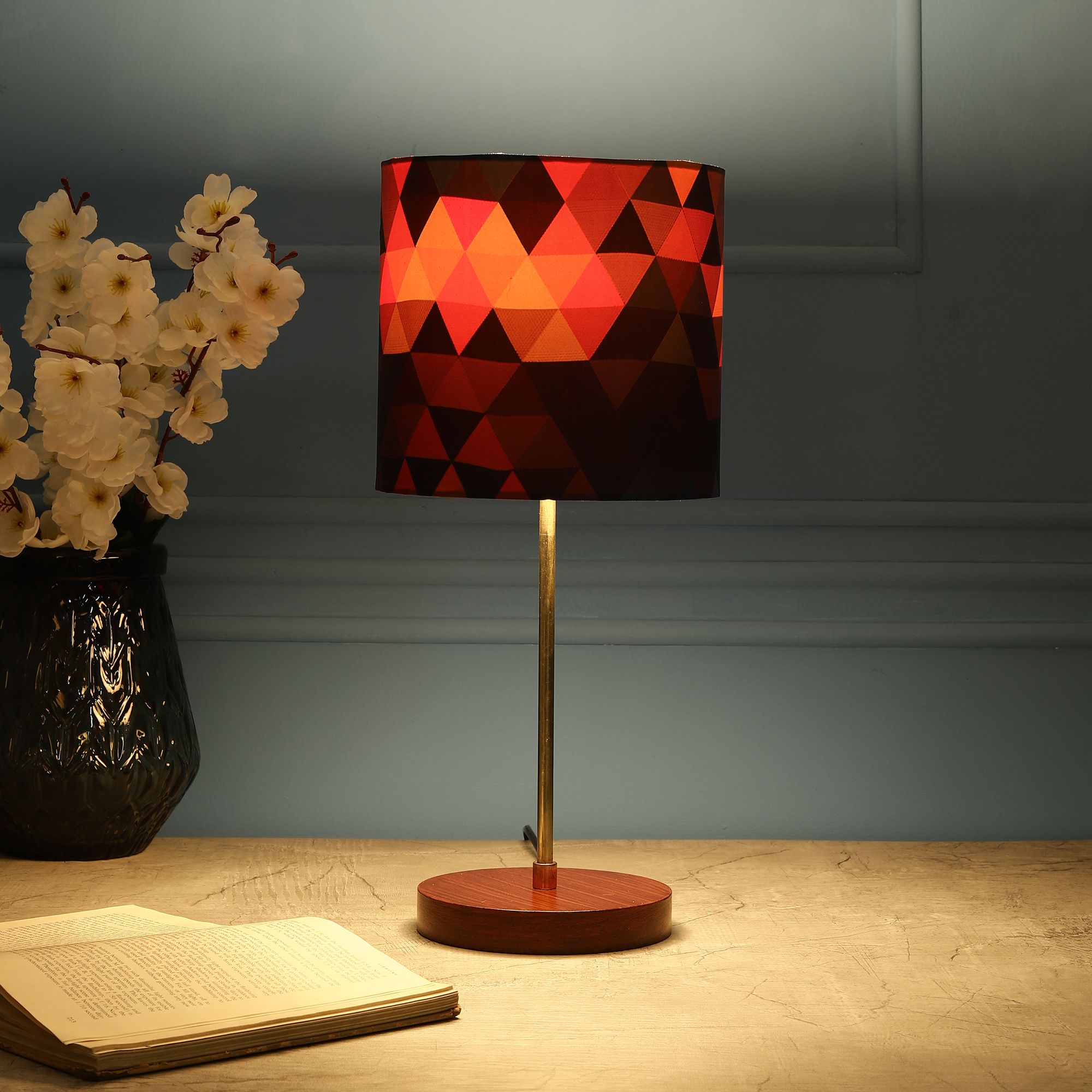 BTR CRAFTS Light Gold Rod & Brown Wooden Base Table Lamp ( Spring Floral Shade)