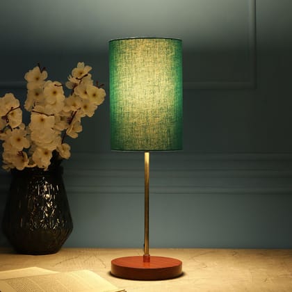 BTR CRAFTS Light Gold Rod & Brown Wooden Base Table Lamp (Cylinder Teal Lampshade)