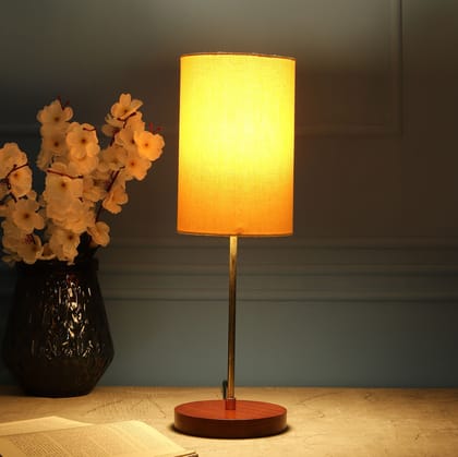 BTR CRAFTS Light Gold Rod & Brown Wooden Base Table Lamp (Cylinder Yellow Lampshade)