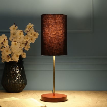 BTR CRAFTS Light Gold Rod & Brown Wooden Base Table Lamp (Cylinder Black Lampshade)