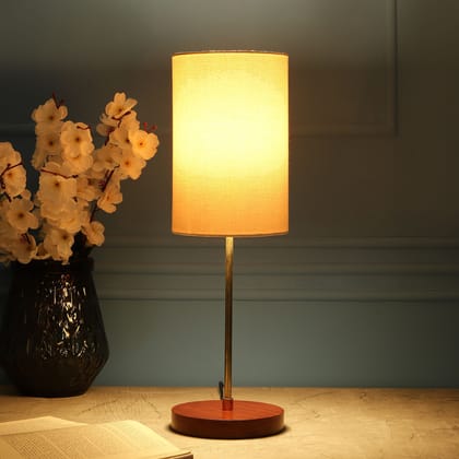 BTR CRAFTS Light Gold Rod & Brown Wooden Base Table Lamp (Cylinder Cream Lampshade)