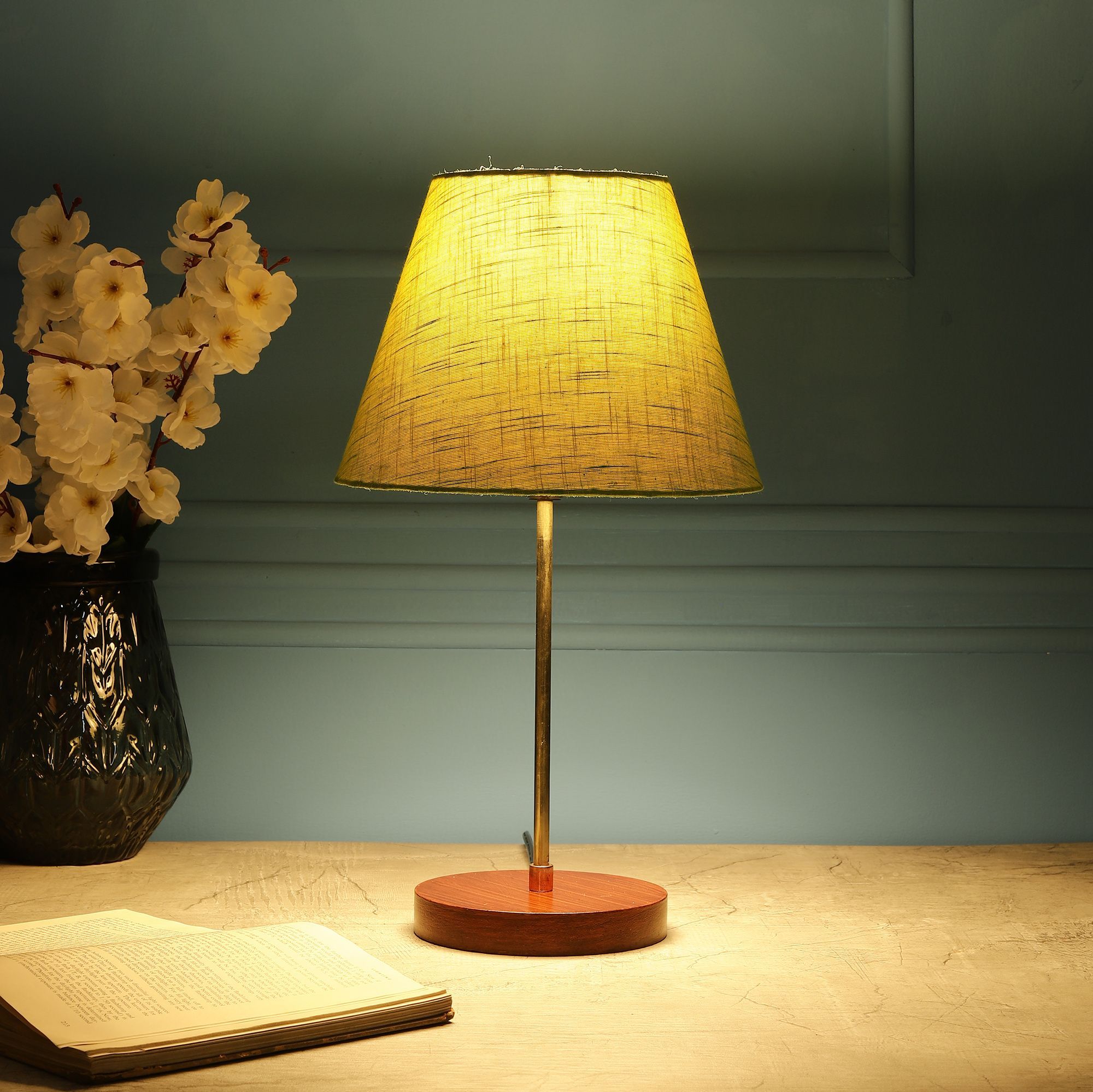 BTR CRAFTS Light Gold Rod & Brown Wooden Base Table Lamp (Conical Green Texture Lampshade)