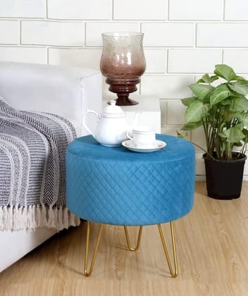 ShadowKart Ottoman Pouffes Sitting Mudda Puffies Stool for Living Room Pouf Dressing Table Puffy Footstool for Office or Home Decoration, Holland Velvet , Metal Leg, 16x16x17 Inch, Aqua