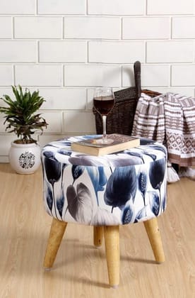 Shadowkart Ottoman Pouffes Sitting Mudda Puffy Stool for Living Room Dressing Table Pouf Round Footstool for Home Decor, Printed ,16x16x17 Inch, White Leaf