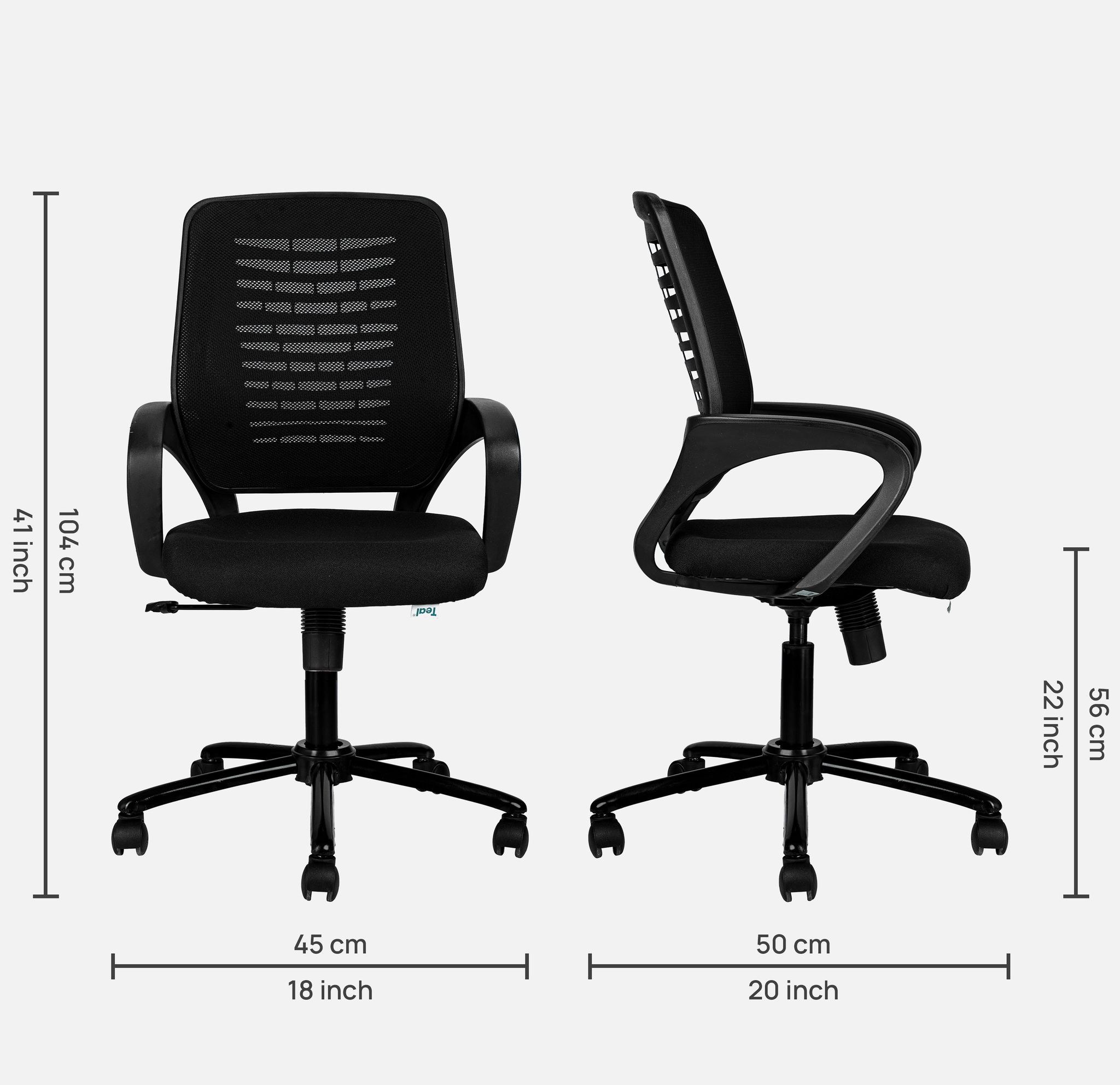 TEAL® Sprint Mesh Mid-Back Ergonomic Office Chair/Study Chair/Revolving Chair/Computer Chair for Work from Home Metal Base Height Adjustable Chair [Black]