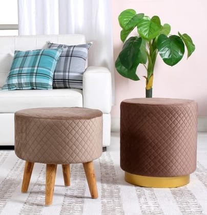 Shadowkart Ottoman Pouffes Sitting Mudda Puffy Stool for Living Room Dressing Table Pouf Round Footstool for Office Home Decor, Check Holland Velvet Drum Or Leg Stool, Combo Pack of 2, Mouse